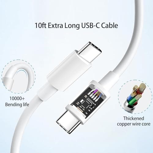 10ft Cable for Apple iPhone 16 15 Pro Max Charger Fast Charging iPad AirPods 4 (USB-C), 20w Type C Blcok 10-ft Long USB C to C Cord White 1Pack — view 4