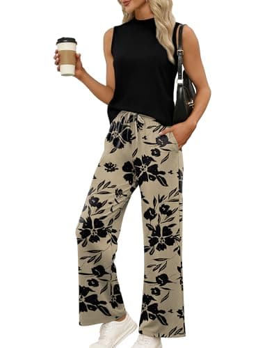 WIHOLL Two Piece Set for Women Summer Spring Outfits Cruise Travel Airport Beach Vacation Clothes Trendy Lounge Sets Mock Neck Matching Women Clothing Wide Leg Pants Set M