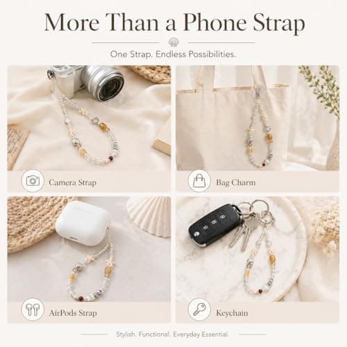 Beaded Phone Charm Strap with Shell and Starfish, Aesthetic Pearl Wrist Lanyard for Phone Case, Camera, Bag or Keychain, Cute Beach Vibes Accessory for Women & Girls — view 3