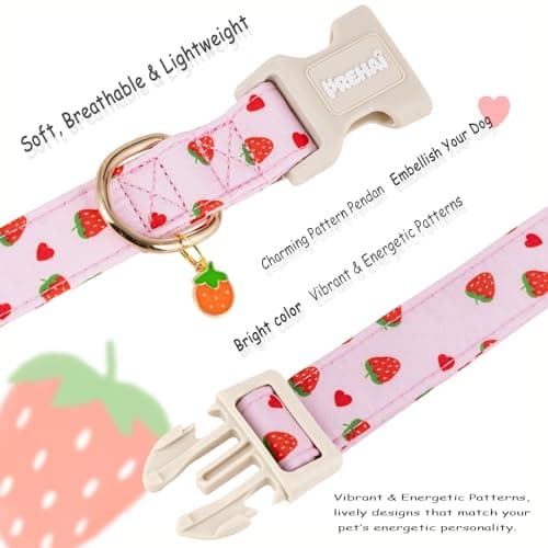 PREHAI Pink Strawberry Dog Collar Sweet Spring Summer Collars with Cute Strawberries Pattern for Female Girl Small Medium Large Dogs XS