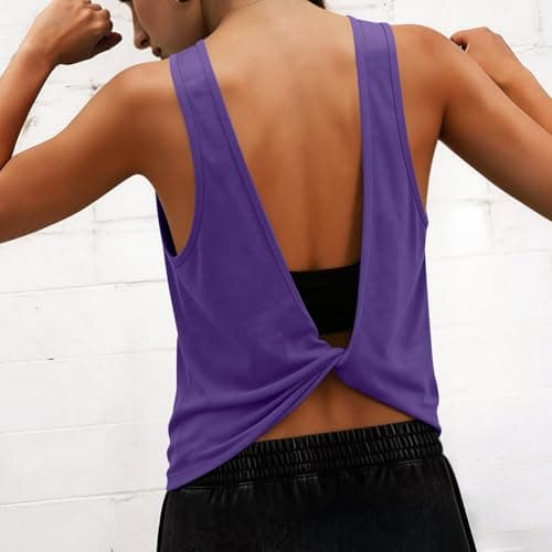 Tank Tops for Women Open Back Athletic Workout Yoga Top Sleeveless Backless Summer Slim Basic Cami Shirts 2026 Long Tank Top for Women Purple L — view 3