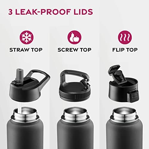 FineDine Water Bottle - Stainless Steel Insulated Water Bottle with Straw Lid, Flip Lid & Wide-Mouth Cap - Keeps Hot and Cold - 32 Oz / 946ml - Inky Raven Black — view 3