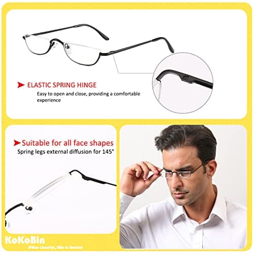 Half Reading Glasses 2 Pairs Half Rim Metal Frame Glasses Spring Hinge Readers for Men and Women, Black+Gold 2.50 — view 2