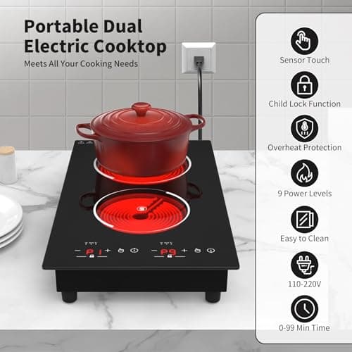 VBGK Electric Cooktop,12 Inch Built-in Radiant Electric Stove Top,110V 2100W 2 burner cooktop With 9 Heating Level, Timer & Kid Safety Lock, Sensor Touch Control 2 burner Induction Cooktop — view 2