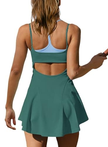 Yanekop Womens Tennis Dress Athletic Dress with Shorts and Bra Golf Outfits Spaghetti Strap Workout Romper Dresses(Dark Green,S) — view 3