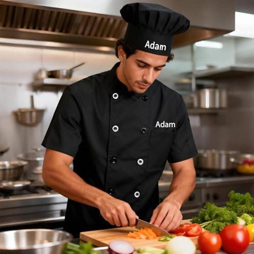 Custom Men Chef Coat Personalized Chef Jacket with Name Logo Text Customized Chef Uniform Work Shirt with Hat Kitchen Restaurant Bakery — view 5