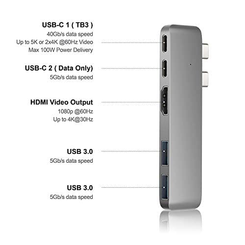 Purgo Mini USB C Hub Adapter Dongle for 2025/2024-2020 MacBook Air 13” 15” M4 M3-M1, MacBook Air USB Adapter with 4K HDMI, 100W PD, 40Gbps TB3 5K@60Hz, USB-C and 2 USB 3.0 (Space Grey)