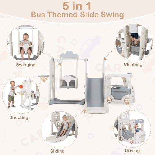 OLAKIDS Toddler Slide and Swing Set, 5 in 1 Bus Themed Baby Slide with Climber Basketball Hoop Car Playhouse for Indoor Outdoor Boys Girls Aged 3+ (Grey) — view 2