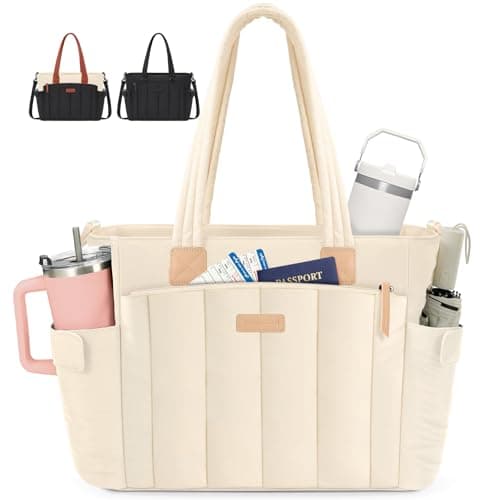 RAINSMORE Laptop Tote Bag for Women 15.6 Inch Puffer Quilted Work Bag with 40oz Cup Holder Large Capacity Lightweight Shoulder Bag for Teacher Travel Business Casual Office Professional, Beige