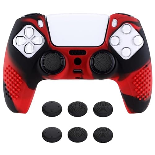 eXtremeRate PlayVital Black 3D Studded Edition Anti-Slip Silicone Cover Skin for ps5 Controller, Soft Rubber Case Protector for ps5 Wireless Controller with Thumb Grip Caps - Red & Black