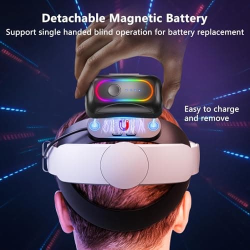 Saqico 20000mAh Dual Magnetic Battery Head Strap Compatible with Meta Oculus Quest 2/3/3S, Cool RGB Battery Pack & Easy to Replace Extend VR Playtime-Premium Comfort & Adjustable, Reduce Facial Stress