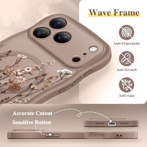 GVIEWIN for iPhone 17 Pro Max Case Compatible with MagSafe [Curly Wave Edge][Full Camera Protection] Floral Translucent Shockproof Magnetic Women Phone Case for 17 Pro Max, Floratopia/Brown — view 5