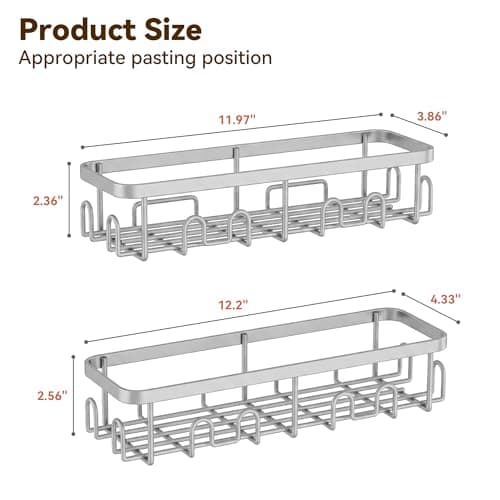 YASONIC Shower Caddy Adhesive, 100% Rustproof Shower Organizer, Large Capacity Shower Shelves for Inside Shower, No Drill Shower Storage for Home (2 Pack Grey)