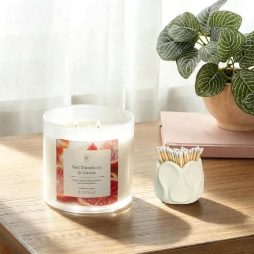 Concrete Match Holder with Striker & Extra Striker Pad,Beautiful Petal Shape Match in Jar for Cute/Fancy/Long Candle Matches,Parlor Cute Match Jar for Home Decor Gift, No Matches (Geometry) — view 5