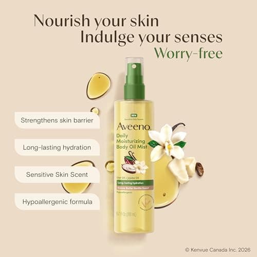 Aveeno Daily Moisturizing Body Oil Mist with Cocoa Butter Vanilla Scent, Oat Oil, & Jojoba Oil, Lightweight Oil Provides Long Lasting Hydration, Hypoallergenic, 200 mL — view 2