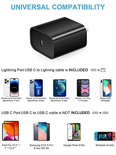 10FT iPhone 14 13 12 Charger Fast Charging 20W PD USB C Wall Charger with 10FT Fast Charging Cable Compatible iPhone 14/13/12/11/Pro/Pro Max/Mini/Xs Max/XR/X, iPad - Black — view 4