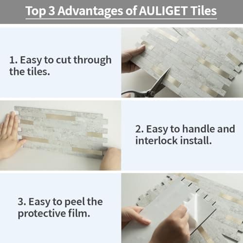 AULIGET 2 Sheets Faux Stone Peel and Stick Backsplash, Beige Stone Look PVC Wall Tile Stick on Backsplash for Kitchen and Bathroom — view 6