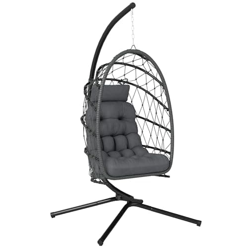 Outsunny Hanging Egg Chair with Stand, Foldable Wicker Rattan Swing Chair with Thick Cushion and Safety Rope for Patio Garden, Supports 264 lbs, Dark Grey