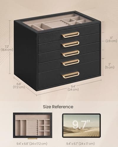 SONGMICS 5-Layer Jewelry Box with Glass Window, Jewelry Storage Organizer with 5 Drawers, Golden Handles, for Rings, Earrings, Bracelets, Gift Idea, Black, 6.8 x 9.4 x 7.2 Inches UJBC205BZ02S — view 4
