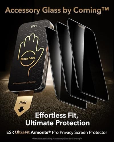 ESR Accessory Glass by Corning™ 3 Pack 9H+ Glass for iPhone 17 Pro Max Privacy Screen Protector, Military Grade Shatterproof & Durable with UltraFit Tray