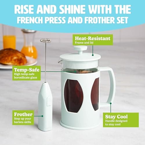 Tasty French Press and Frother Coffee Gift Set, Includes a 4.5-Cup Coffee Press and Battery Operated Handheld Milk Frother, Perfect for French and American Style, 2-Piece Set, Aqua