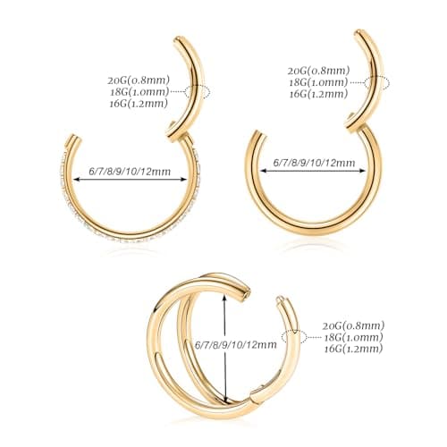 20g Nose Ring Hoop Earrings Gold Nose Hoops with CZ Lip Rings Double Hoop Septum Hoop Seamless Septum Clicker 10mm Septum Ring Cartilage Helix Rook Earrings Conch Piercing Jewelry Surgical Steel — view 3
