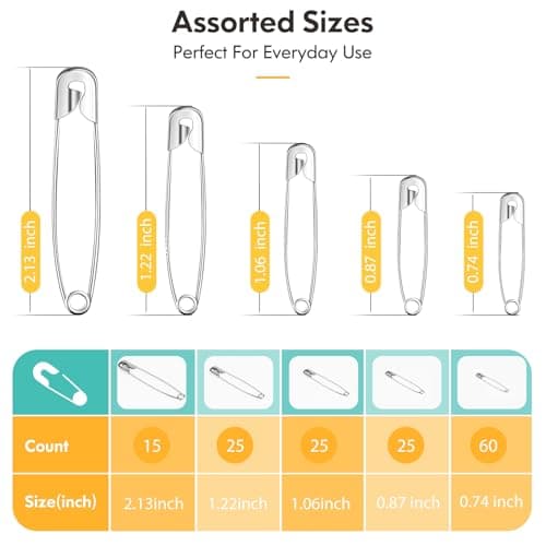 Huhuhero 160Pcs Safety Pins, Large & Small Safety Pins for Clothes Sewing Craft, 5 Assorted Sizes Sharp Edge Pins Bulk, Art and Craft Supplies (Sliver)