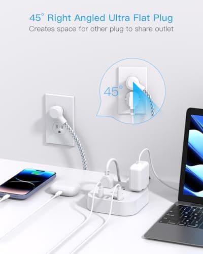 One Beat Power Strip with USB C, 3 Outlets 4 USB Ports, 10ft Braided Extension Cord, 22.5W Desktop Charging Station, Flat Plug, Non Surge Protector, Home Office Cruise Travel, ETL Listed, White — view 4