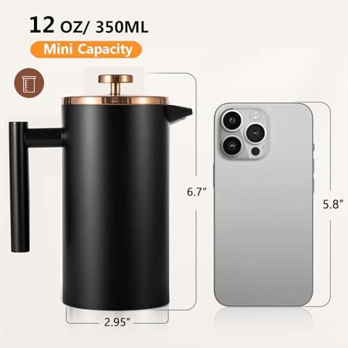 Meelio Small French Press Coffee Maker 350ml/12oz, Black Stainless Steel Double-Wall Insulated, Included 2 Extra Filters and 1 Coffee Spoon (1 Cup)
