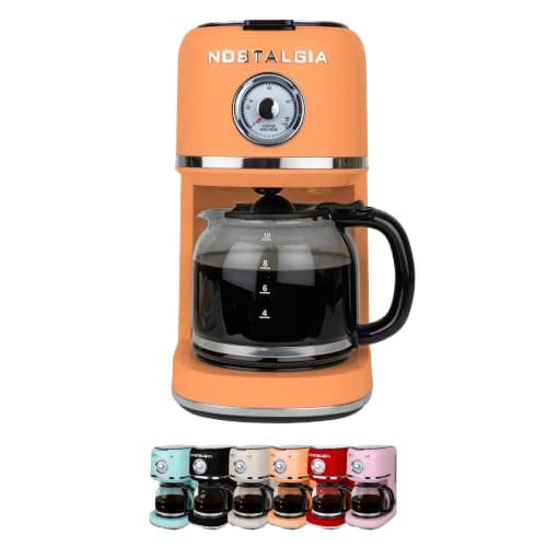 Nostalgia Classic Retro 10 Cup Coffee Maker - One-Touch Drip Brew, Reusable Filter - Anti-Drip, Auto Shutoff, & Time Display - Dishwasher Safe 50 oz Carafe - Orange