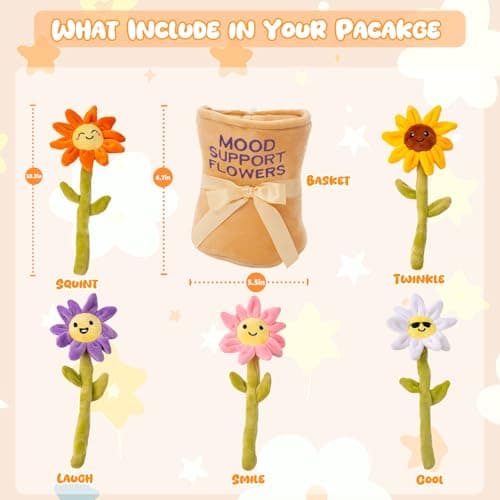 GERBIT Stuffed Animal Sunflower Plush Toys, 5 Pcs Mood Support Sunflower Plush and Plushies with Carry Basket, Funny Squeeze Toys Home Desk Decor Cheer up Doll Gift for Kids Adults Friends Her Sister — view 3