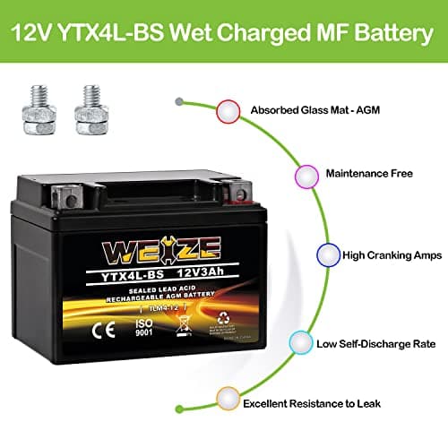 Weize YTX4L-BS High Performance - Rechargeable - Sealed Motorcycle Battery Compatible with Polaris Scrambler, Sportsman 90, Honda Scooters NQ50 Spree,Kawasaki 110 KLX110,Can-Am DS70,Yamaha TTR125E/LE — view 3