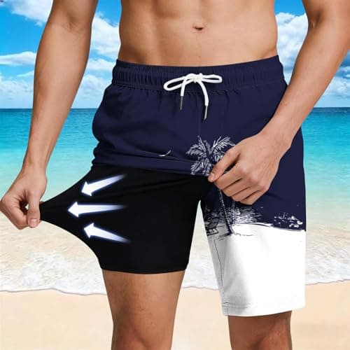 Mens Vacation Shorts, Mens Swim Trunks with Compression Liner Stretch Board Shorts 2 in 1 Quick Dry Hawaiian Swim Shorts 7'' Inseam Beach Swimwear Navy