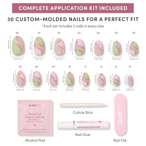 Glamnetic Press On Nails - Short Oval Fake Nails, Pink & Green Swirl Nails with Gold Foil Accents, Strawberry Matcha | 15 Sizes - 30 Nail Kit with Glue — view 4