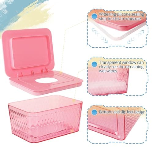 Whiidoom Wipes Dispenser, One-Handed Operation Wipe Holder for Baby & Adult, Seal-Designed Wipes Container for Bathroom Keep Diaper Wipes Fresh (Pink) — view 2