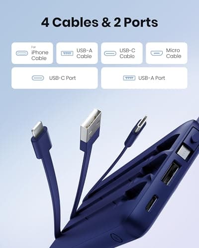 Coowisty Portable Power Bank, Compact 10000mAh Portable Charger with 4 Cables, USB C Battery Pack 5 Outputs 2 Inputs LED Display Compatible with iPhone/Android & More (Navy Blue)