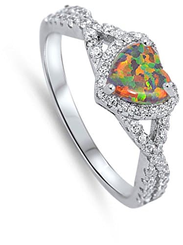 Mystic Simulated Opal Twisted Double Shank Heart Ring Sterling Silver Band Size 5