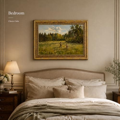 Canvas Wall Art Framed - Kids in Summer Field Landscape Painting, Vintage Gold Framed Picture Poster Prints Artwork for Home Wall Decor,12x16 Inch — view 2