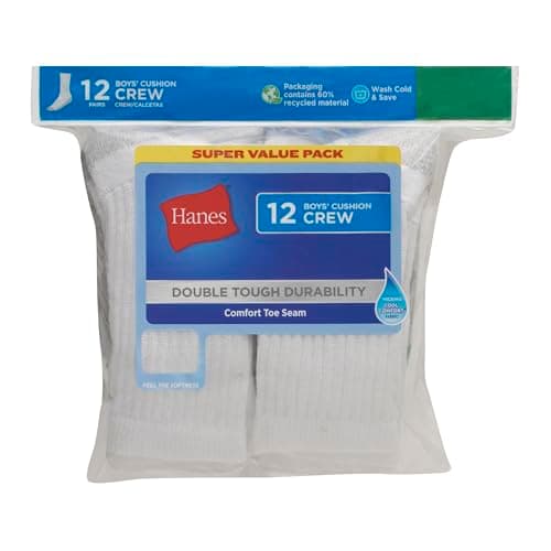 Hanes Boys Socks, Double Tough Cushioned Crew 12-pair Packs Athletic-socks, White/Grey Bottom, Large US — view 5