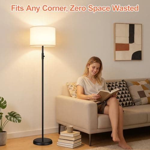 【Upgraded】 Dimmable Floor Lamp for Living Room,1000 Lumens Bulb Included, Modern Floor Lamps Simple Design with Linen Shade, Tall Standing Lamp for Bedroom Office Dining Room, Black Pole Lamp — view 6