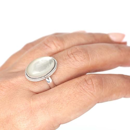JEWELOPORIUM White Mother Of Pearl Silver Ring Size 7.5, 925 Sterling Silver Ring for Women, Natural Chunky Oval Gemstone Boho Jewelry