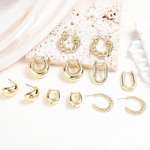 6 Pairs 14K Gold Plated Hoop Earrings for Women Lightweight Chunky Hoop Earrings Multipack Hypoallergenic, Thick Open Twisted Huggie Hoops Earring Set Jewelry for Gifts. (Gold) — view 3