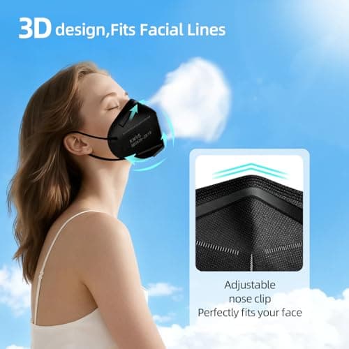 ZIYE 50-Pack Black KN95 Face Masks - 5-Ply Cup Dust Protective Masks with Elastic Ear Loops, Breathable for Daily Use