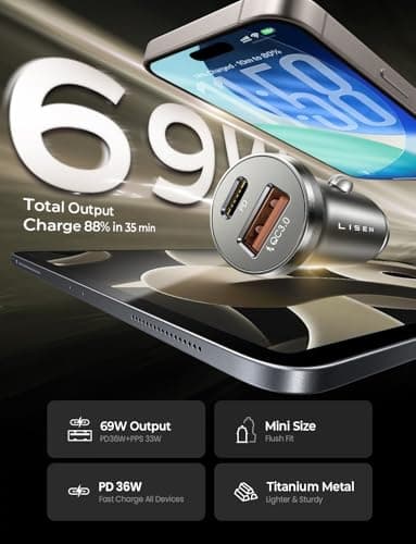 LISEN 69W Mini Cigarette Lighter Adapter Car Charger USB C Fast Charging, 12V Cigarette Lighter USB Car Charger Fast Charging Adapter, for iPhone 17 Pro Max 16 15 14 13 12 Plus Mini, Samsung S26 S25 — view 2