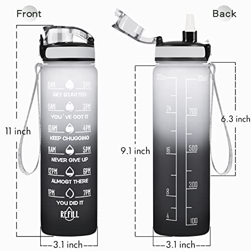Enerbone 32 oz Water Bottle, Leakproof BPA & Toxic Free, Motivational Water Bottle with Times to Drink and Straw, Fitness Sports Water Bottle with Strap for Office, Gym, Outdoor Sports, Gray-Black — view 2