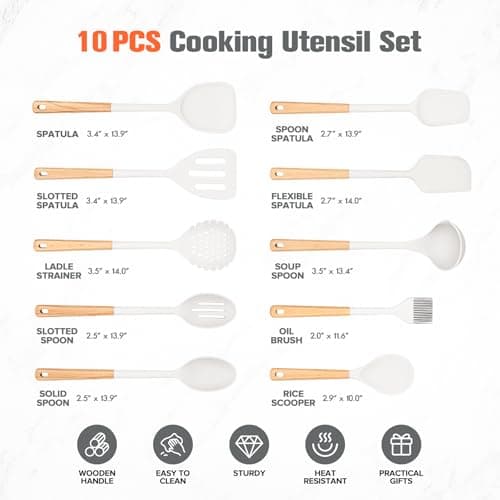 Silicone Cooking Utensils Set of 10 with Wooden Handle,No Scratch for Nonstick Cookware Slotted Spoon&Spatula,Solid Spoon&Spatula,Large Measuring Ladle,Brush,Rice Paddle,Baking Turner&Flipper (Khaki) — view 4