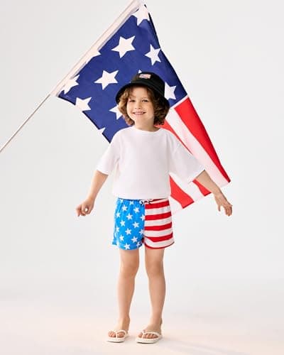 maamgic Boys Swim Trunks with Compression Liner Toddler Stretch Swim Shorts Quick Dry Swimming Trunks Boxer Brief 2 in 1 Beach Shorts American Flag 2T