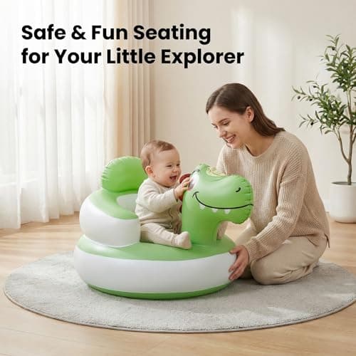 Etiin Inflatable Baby Seat 3D Dinosaur for 6-36 Months Baby Boys & Girls — Built-in Pump, Food-Grade PVC, Wide Anti-Tip Base, Portable Floor Chair, Blow Up Chair Sit Up Practice, Green — view 3