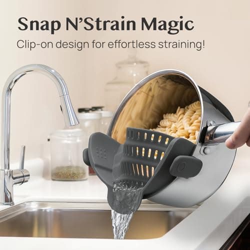Original Kitchen Gizmo Strainer for Pots, Pans, and Bowls - Adjustable Silicone Clip on Colander - Snap N Strain Kitchen Gadget for Fruits, Veggies, Salads, Pasta, and More - Dishwasher Safe - Grey — view 2
