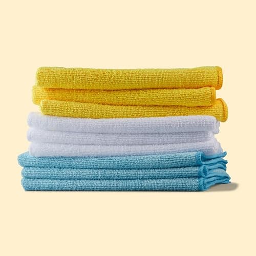Amazon Basics Microfiber Cleaning Cloths, Ultra Absorbent, Lint Free, Streak Free, Non-Abrasive, Reusable and Washable, 16" x 12", Blue/White/Yellow, Pack of 24 — view 5